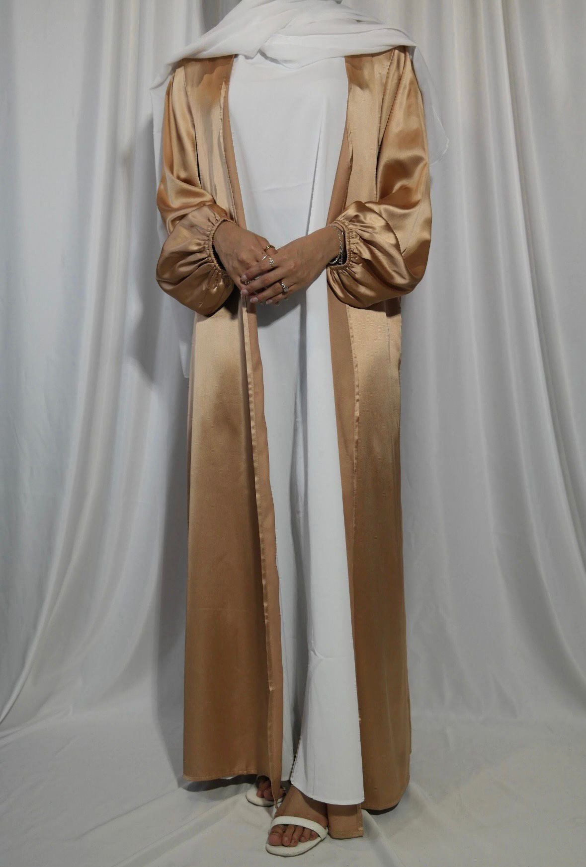 Buy Femme Abaya Soft Satin Cuffed Sleeves Libaaz The Label Medium Beige